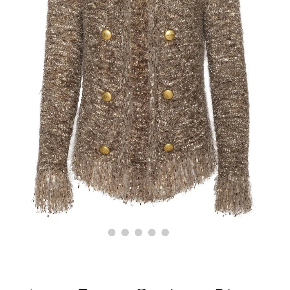 L'AGENCE Metallic Taupe Fringe Hem Double-Breasted Cardigan